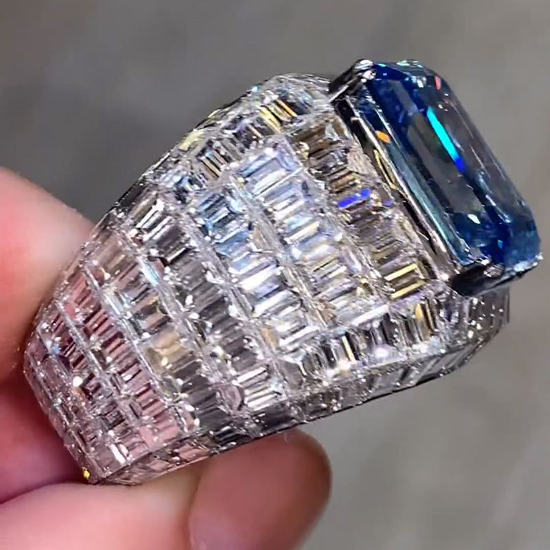 Blue Sapphire Emerald Cut Luxury Men's Ring in Sterling Silver