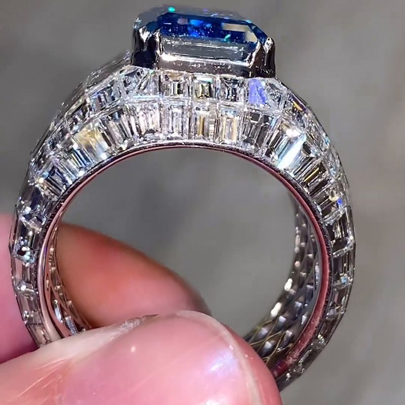 Blue Sapphire Emerald Cut Luxury Men's Ring in Sterling Silver
