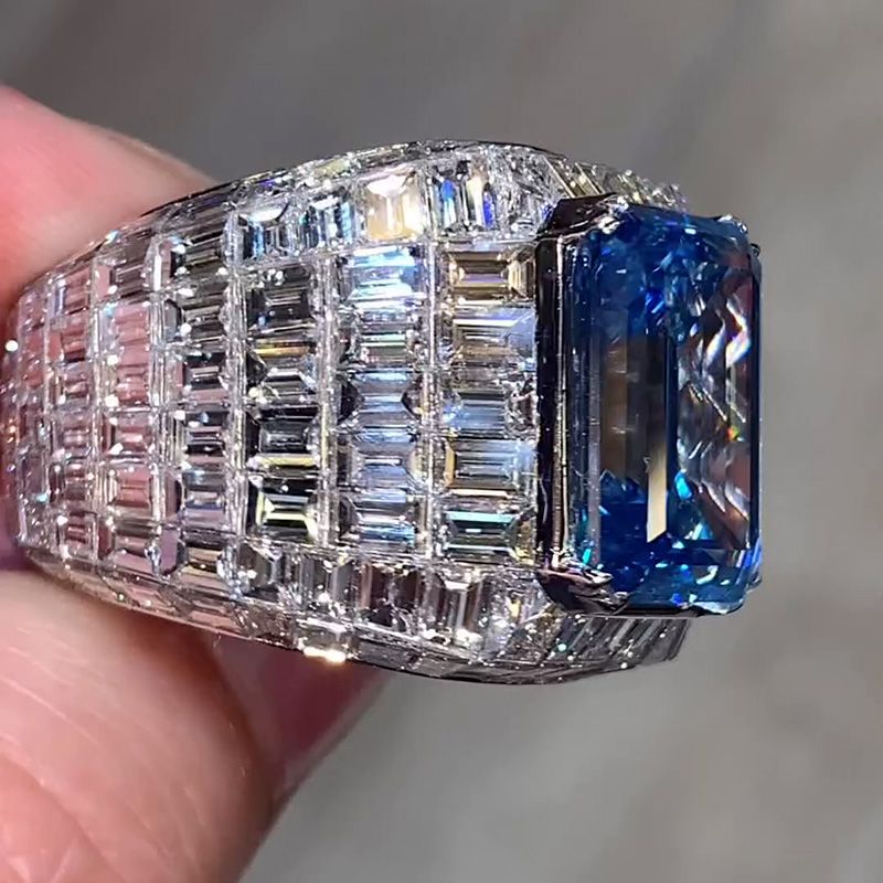 Blue Sapphire Emerald Cut Luxury Men's Ring in Sterling Silver