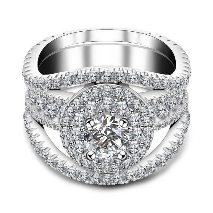 Round Cut Halo Engagement Ring in Sterling Silver with Guard Enhancer