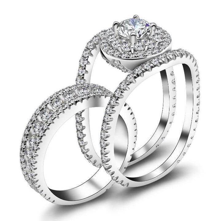 Round Cut Halo Engagement Ring in Sterling Silver with Guard Enhancer