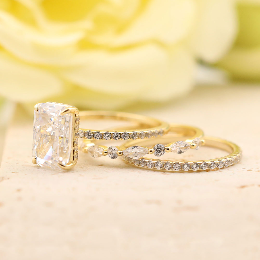 Noble Radiant Cut 3PC Sterling Silver Wedding Bridal Set in Golden Tone