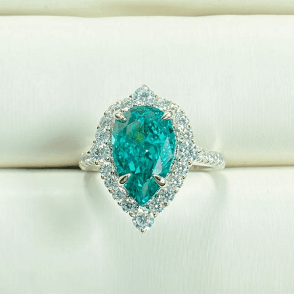 Paraiba Tourmaline Halo Pear Cut Sterling Silver Engagement Ring
