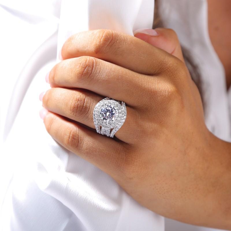 Round Cut Halo Engagement Ring in Sterling Silver with Guard Enhancer