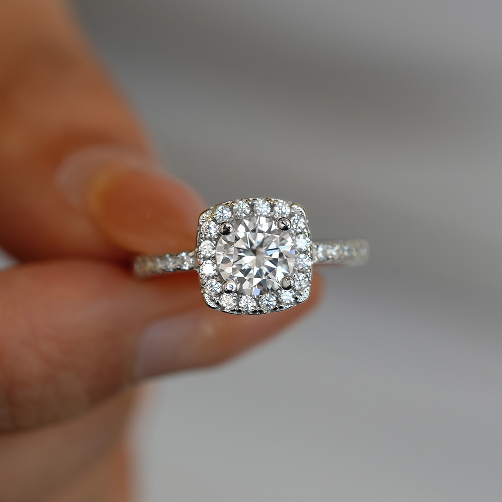 Moissanite Halo Round Cut Sterling Silver Engagement Ring