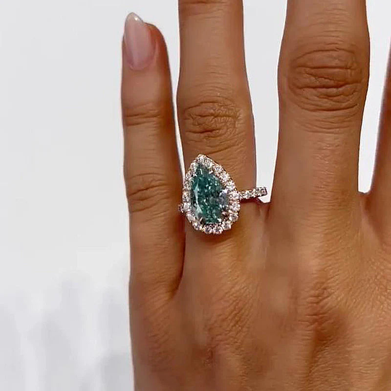 Vintage Pear Cut Cyan Blue Sterling Silver Engagement Ring In Rose Golden Tone