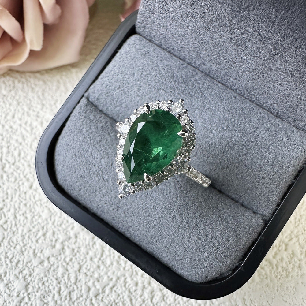 Unique 2.2ct Emerald Green Pear Cut Sterling Silver Engagement Ring