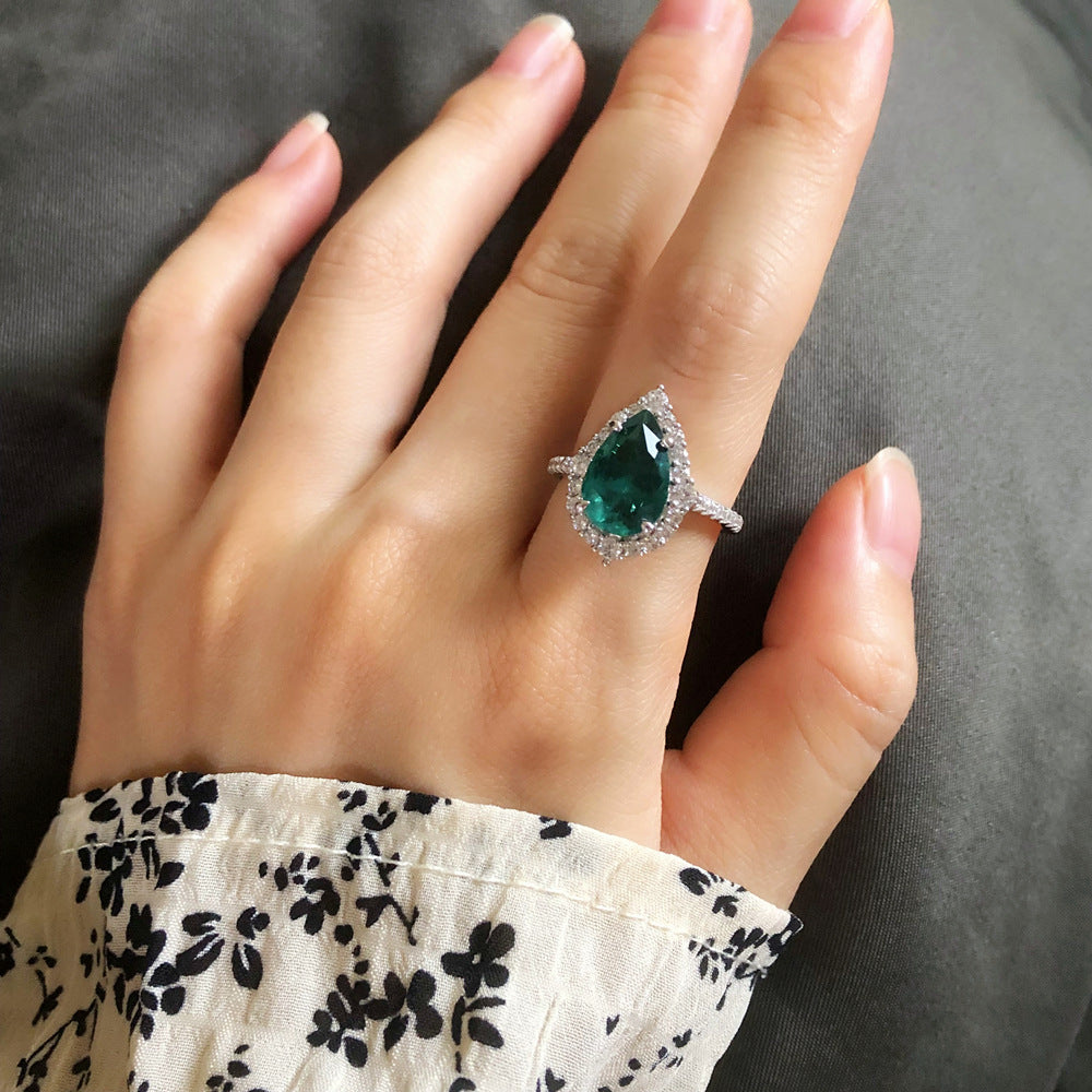 Unique 2.2ct Emerald Green Pear Cut Sterling Silver Engagement Ring