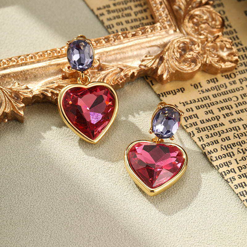 Vintage Red Heart Design 18k Gold Plated Drop Earrings