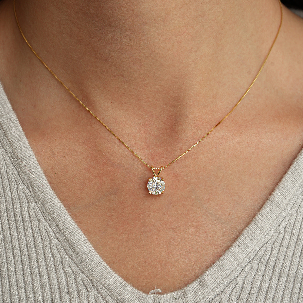 Classic 925 Sterling Silver Four-Prong Pendant Moissanite Necklace