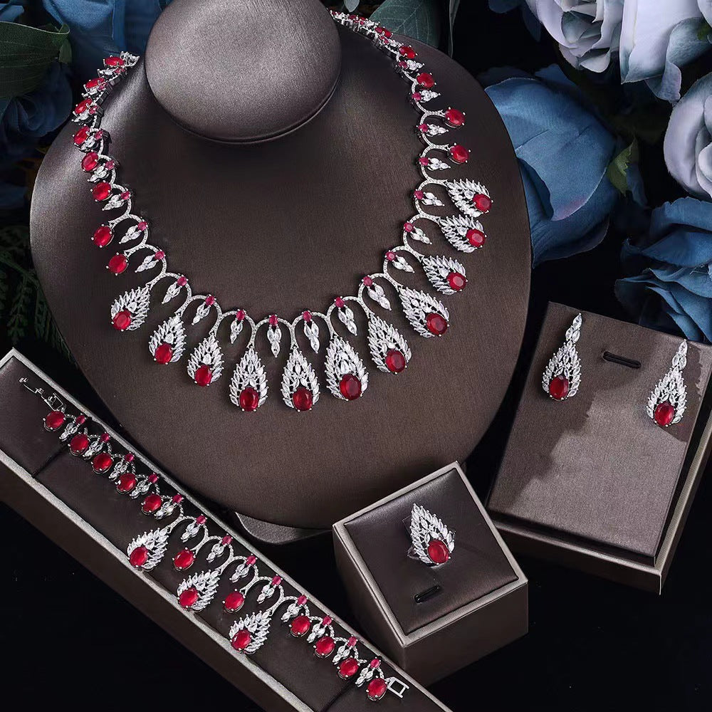 4 Pcs Luxury Dazzling Full Diamond Colored Evening Dress Jewelry Set