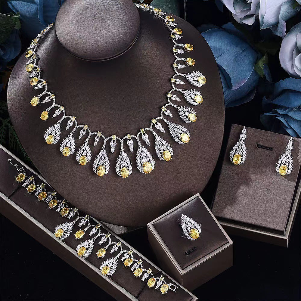 4 Pcs Luxury Dazzling Full Diamond Colored Evening Dress Jewelry Set