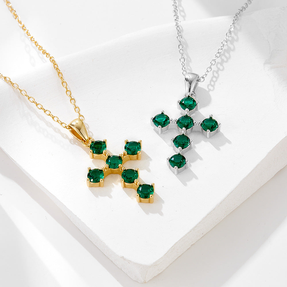 Vintage Emerald Green Cross Design Sterling Silver Necklace