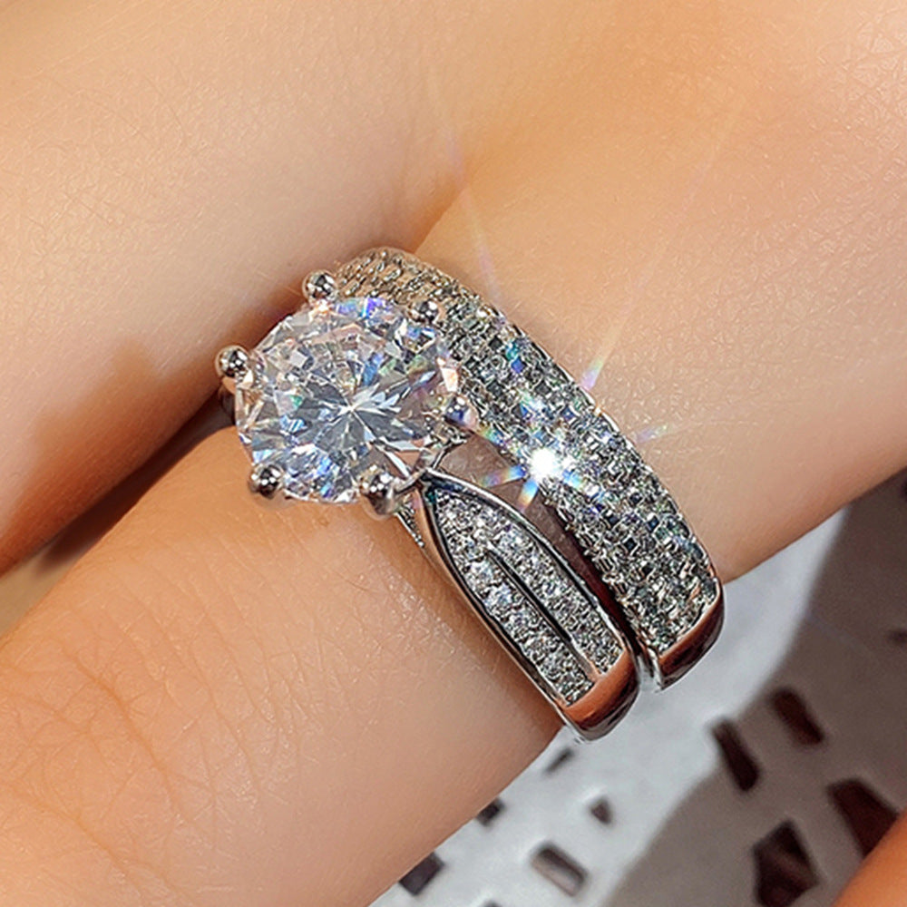 Classic 2-Piece Round Six-Prong Solitaire with Half Eternity Bands Bridal Ring Set in 925 Sterling Silver