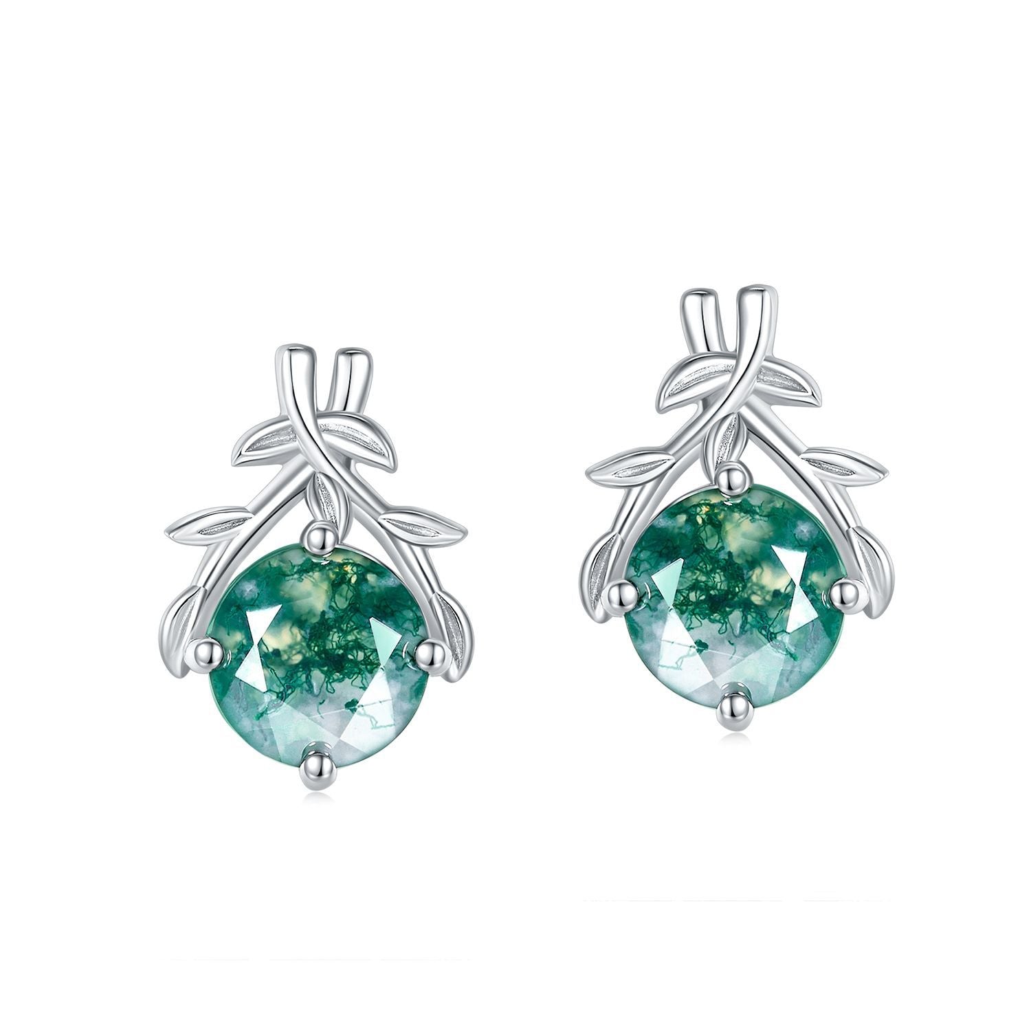 Olive Branch Green Moss Agate Stud Earrings