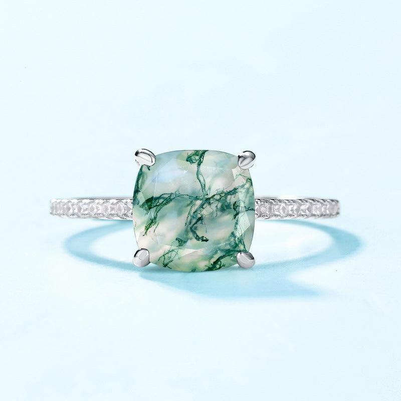 Cushion Shape Natural Green Moss Agate Ring