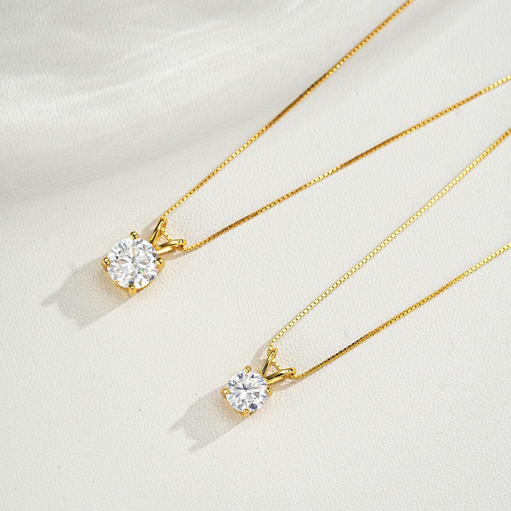 Classic 925 Sterling Silver Four-Prong Pendant Moissanite Necklace