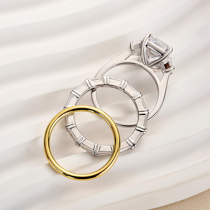 Emerald Cut Three Stone Engagement Ring & Wedding Band
