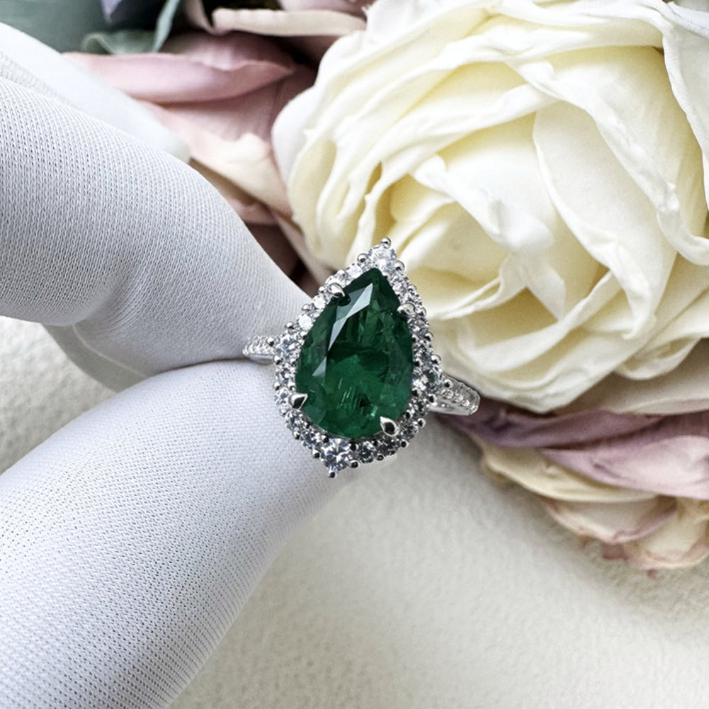 Unique 2.2ct Emerald Green Pear Cut Sterling Silver Engagement Ring