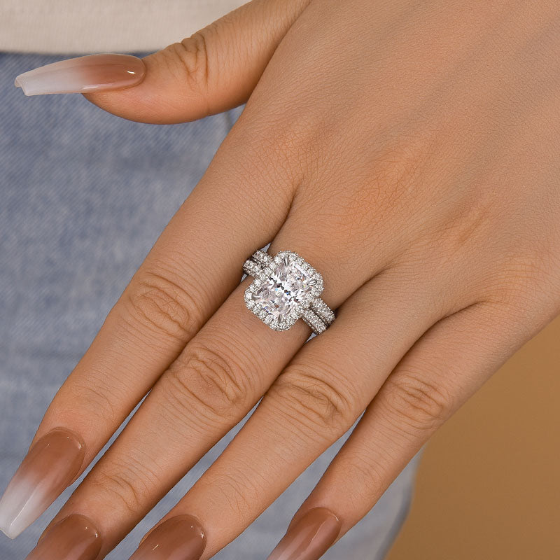 2PCS Halo Radiant Cut Bridal Set Rings in Sterling Silver