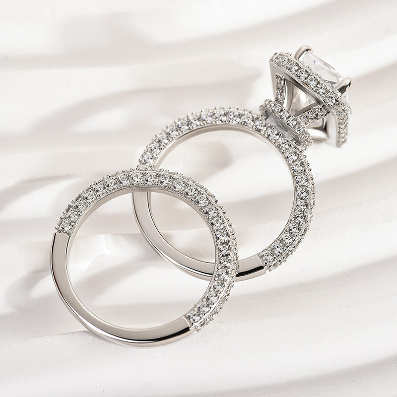 2PCS Halo Radiant Cut Bridal Set Rings in Sterling Silver