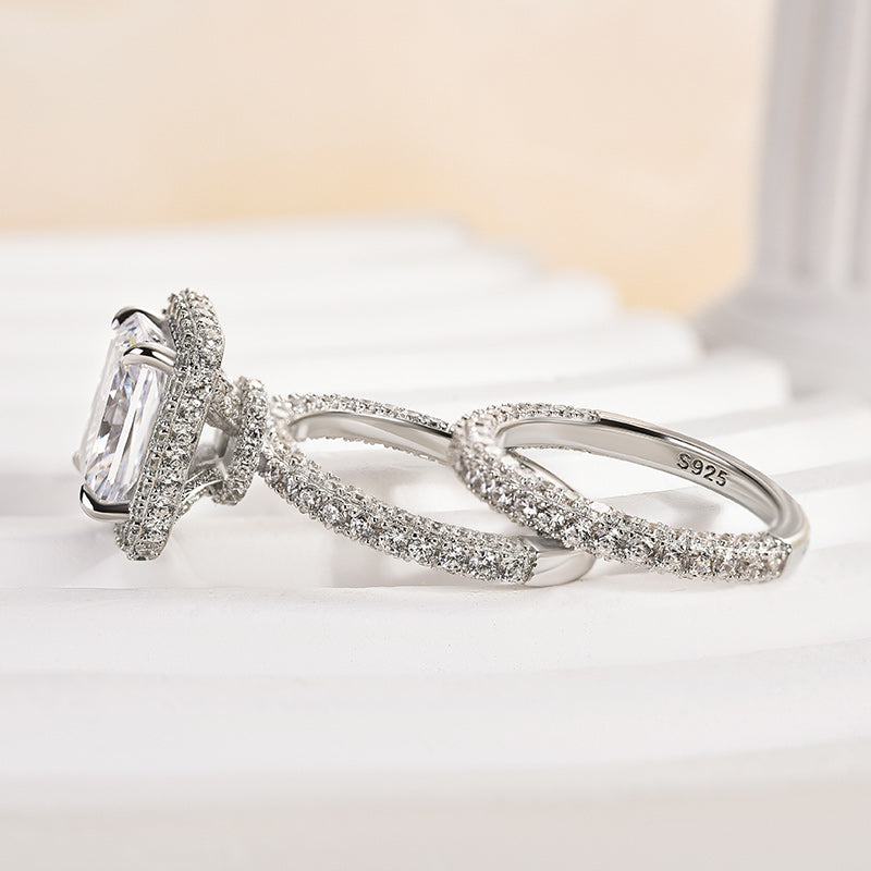 2PCS Halo Radiant Cut Bridal Set Rings in Sterling Silver