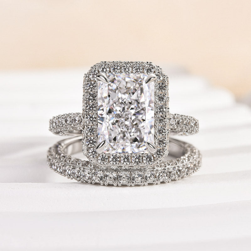 2PCS Halo Radiant Cut Bridal Set Rings in Sterling Silver