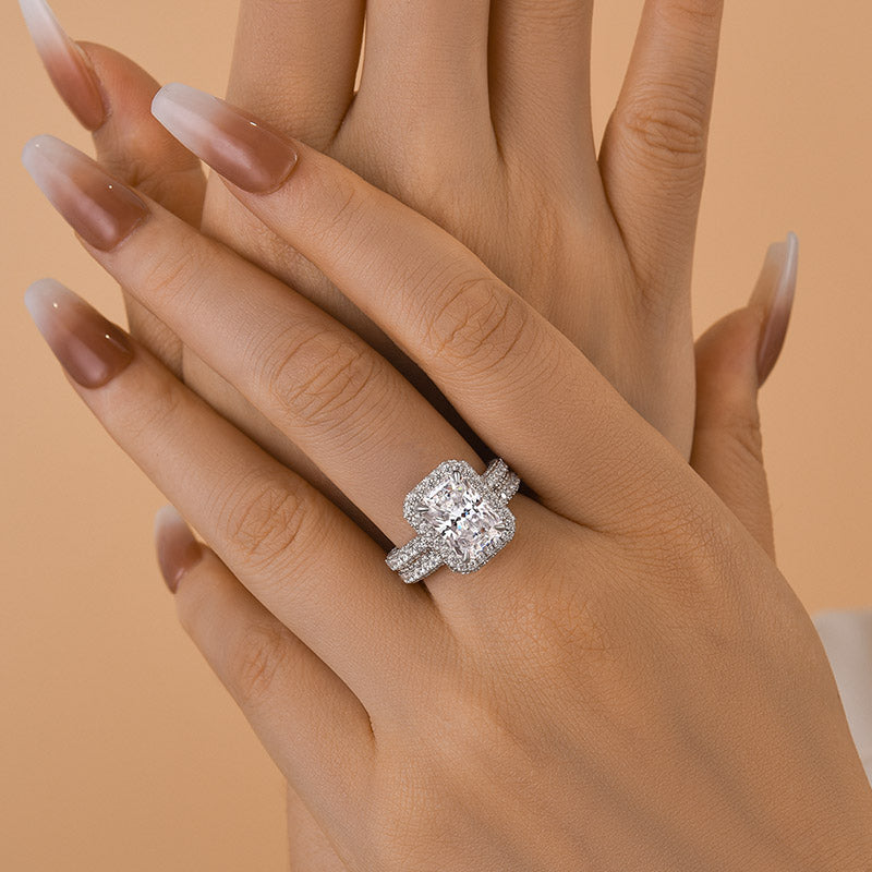 2PCS Halo Radiant Cut Bridal Set Rings in Sterling Silver