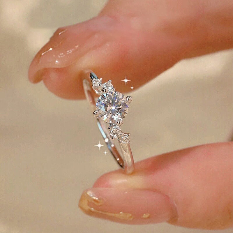 Round Cut Lunaire Cluster Moissanite Engagement Ring in Sterling Silver