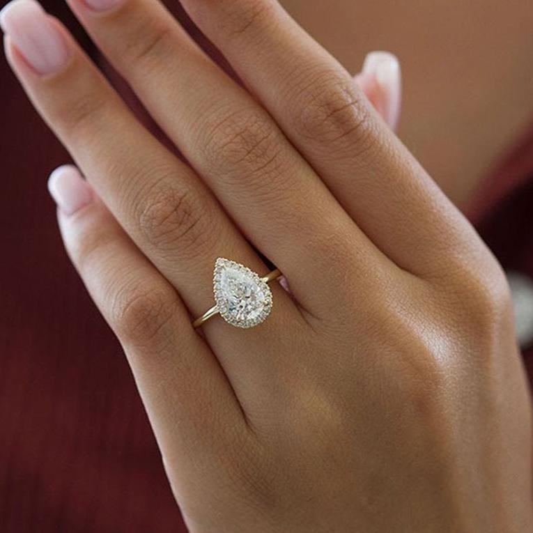 Halo Pear Cut Golden Tone Engagement Ring