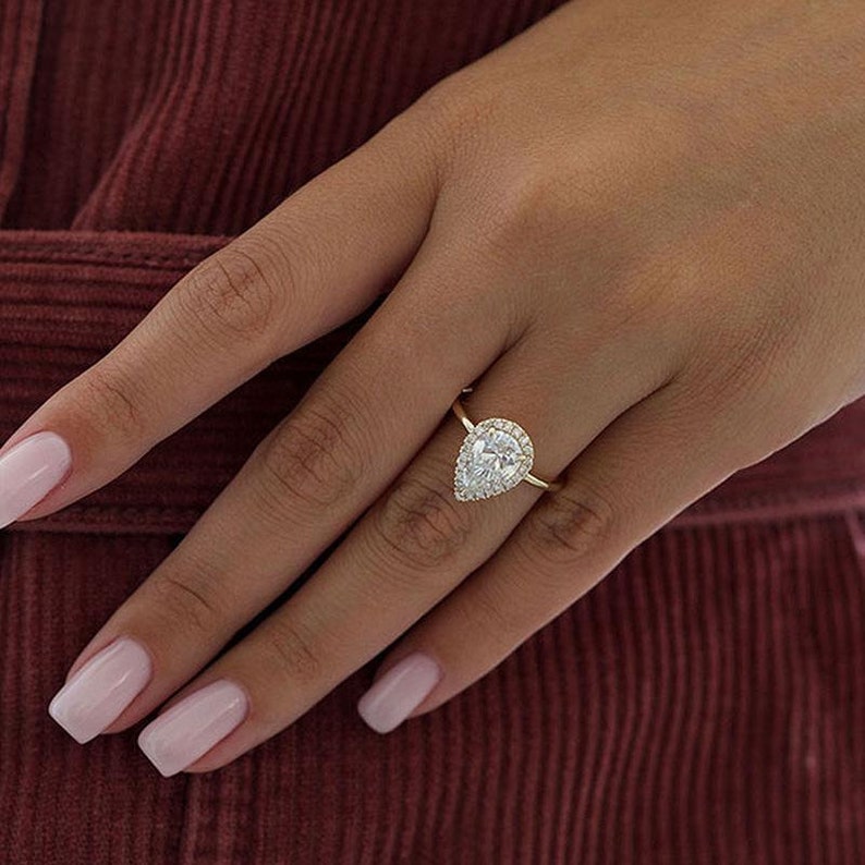 Halo Pear Cut Golden Tone Engagement Ring