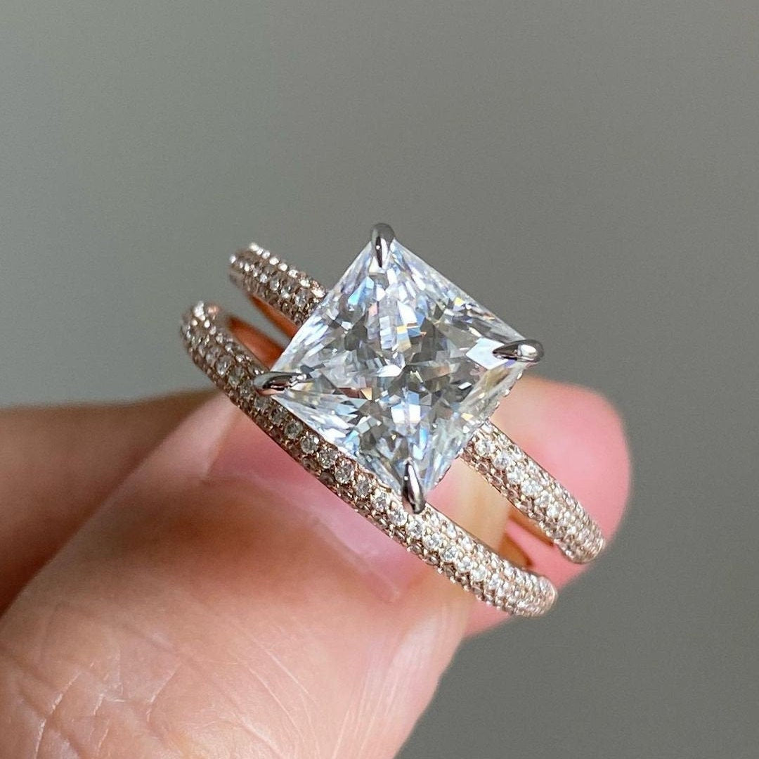 2Pcs Princess Cut Pave Bridal Ring Set in Sterling Silver