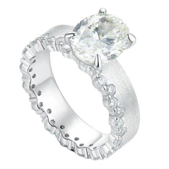 Elegant Textured Band & Side Stones Solitaire Oval Cut Sterling Silver Ring