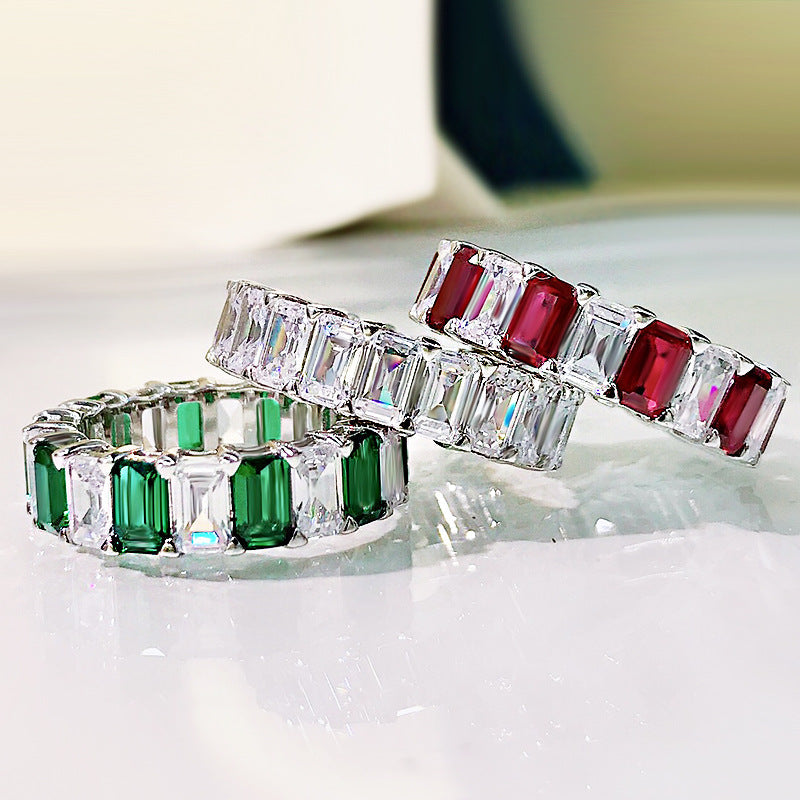 Multi-Colored Eternity Emerald Cut Sterling Silver Wedding Band