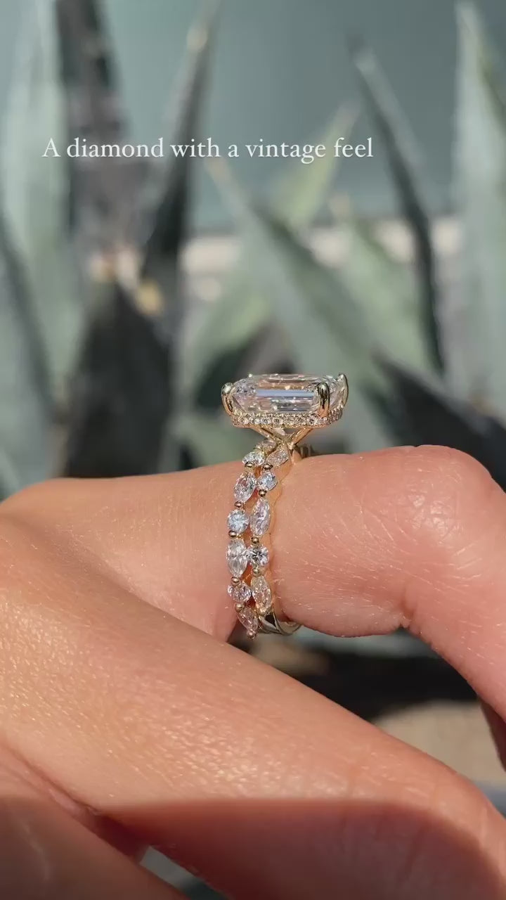 Unique Design Emerald Cut Sterling Silver Bridal Set In Golden Tone
