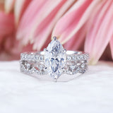 Vintage 2pcs Marquise Cut Sterling Silver Ring Set with Lace Band