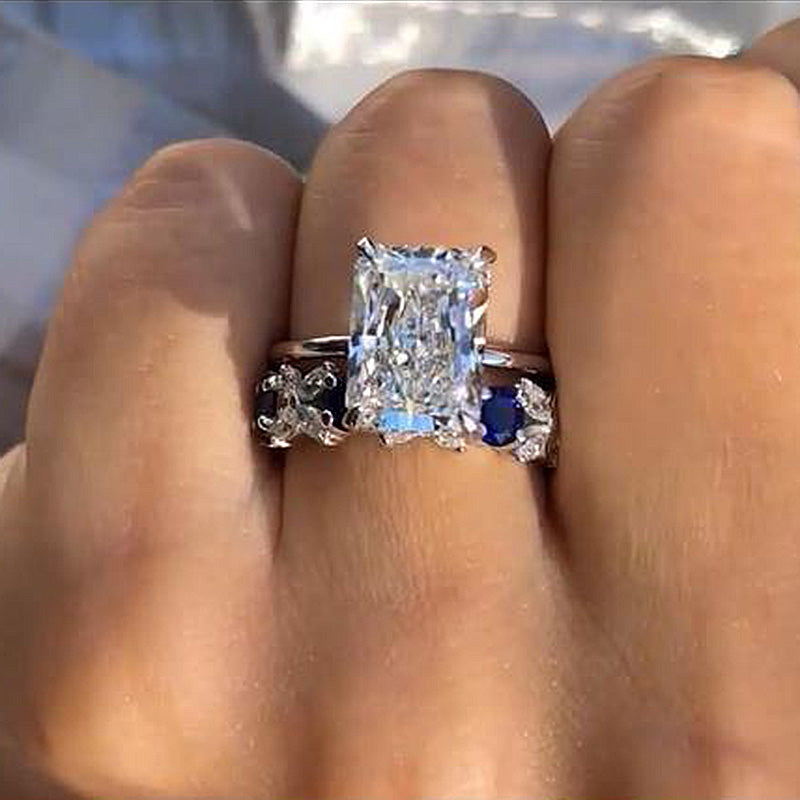Dainty Radiant Cut Sterling Silver Bridal Set with Two Tone Band
