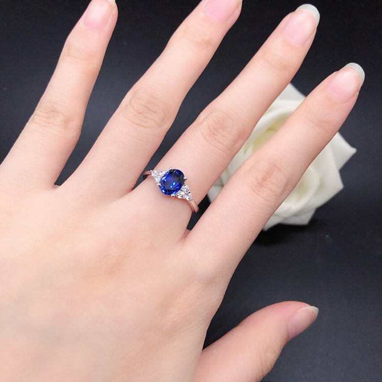 Blue Oval Cut Sterling Silver Ring