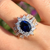 Vintage 2Pcs Blue Oval Cut Halo Sterling Silver Bridal Set