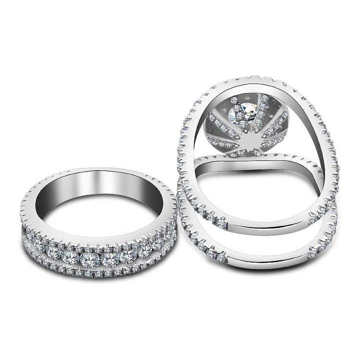 Round Cut  Halo Engagement Ring in Sterling Silver with Guard Enhancer