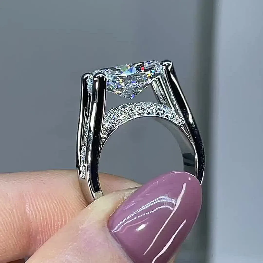 4.5ct Distinctive Inverted Tension-set Oval Cut Sterling Silver Moissanite Engagement Ring