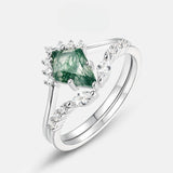 Retro Natural Green Moss Agate Ring Set For Women