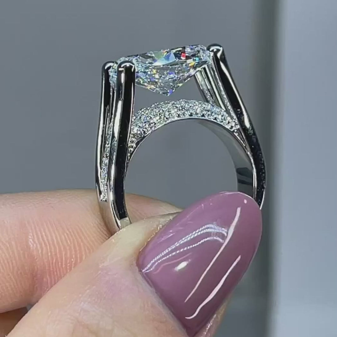 4.5ct Distinctive Inverted Tension-set Oval Cut Sterling Silver Moissanite Engagement Ring