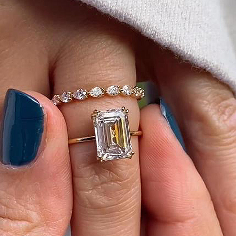 Luxurious Golden Tone Emerald Cut Sterling Silver Wedding Bridal Set