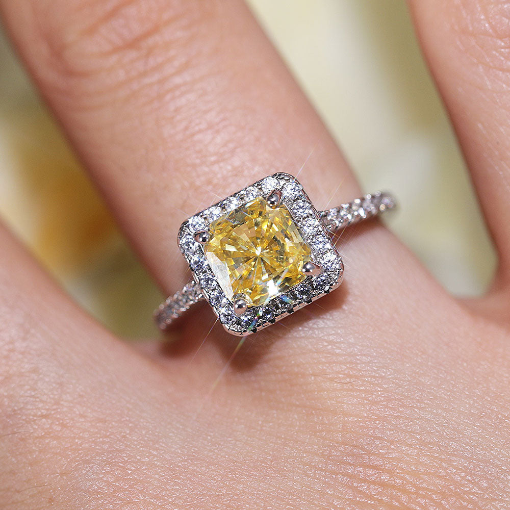 Vintage Cushion Cut Halo Design Yellow Sterling Silver Ring