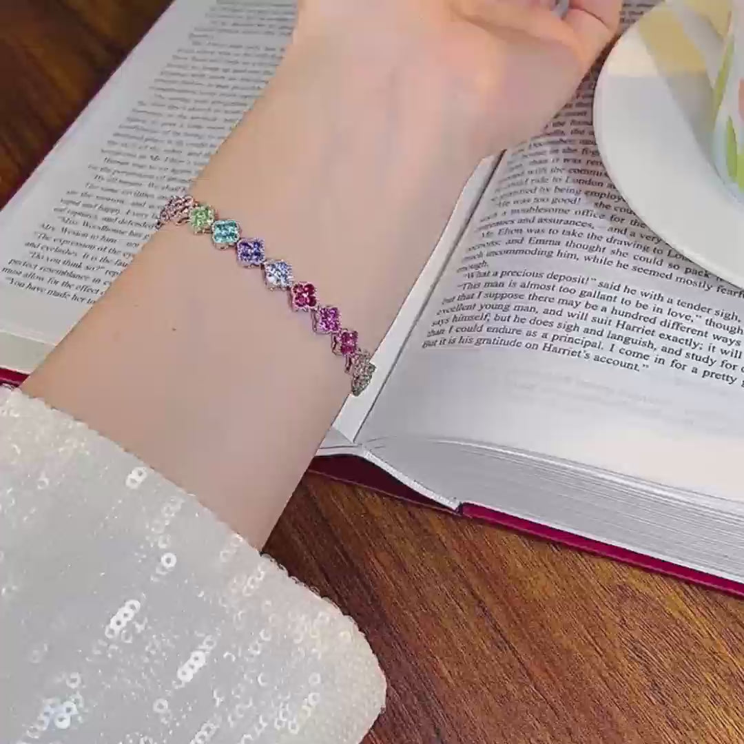 Clovers Design Multicolor Gemstone Bracelet in Sterling Silver