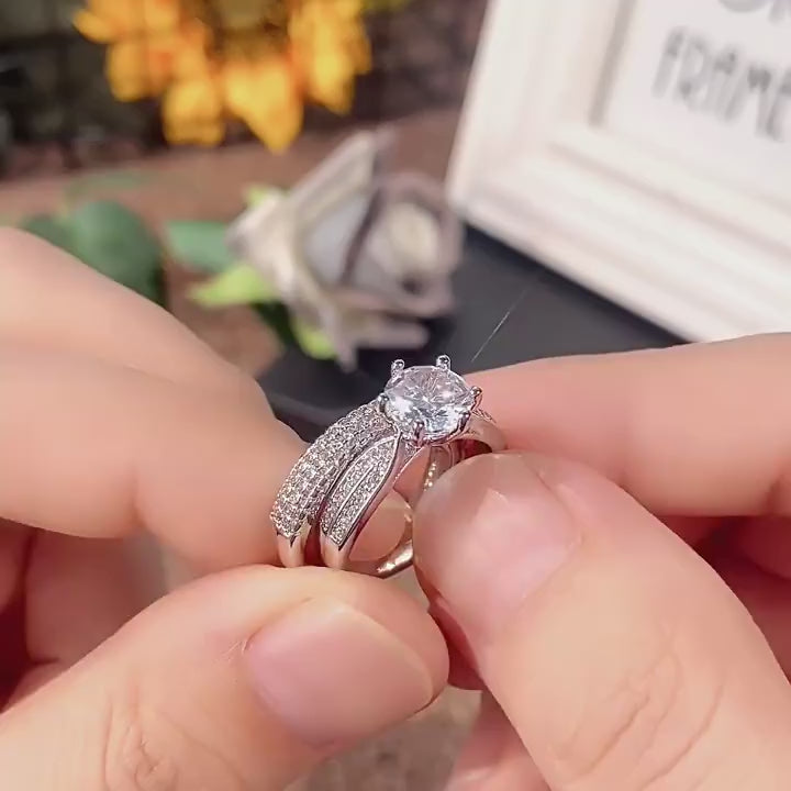 Classic 2-Piece Round Six-Prong Solitaire with Half Eternity Bands Bridal Ring Set in 925 Sterling Silver