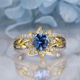 Sunflower Design Round Cut Aquamarine Sterling Silver Engagement Ring