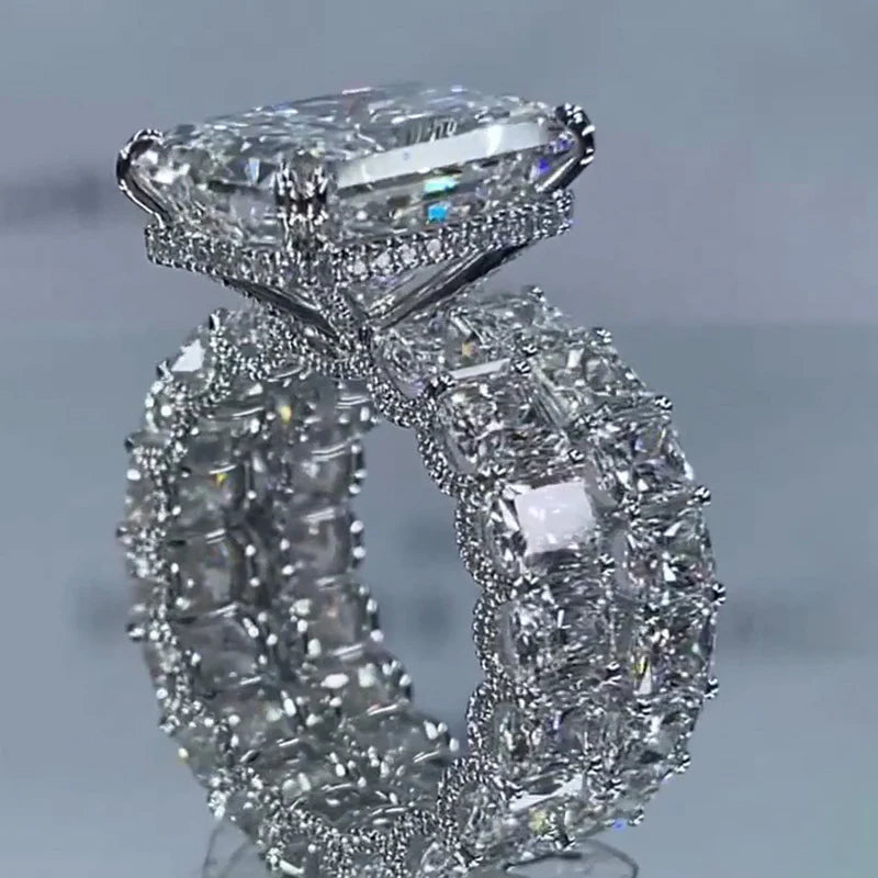 2Pcs Hidden Halo  Radiant Cut Sterling Silver Bridal Set Rings