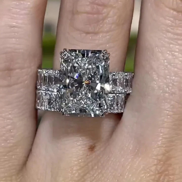 2Pcs Hidden Halo  Radiant Cut Sterling Silver Bridal Set Rings